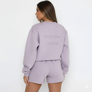 Womens Lavender Solid "CUSTOM LOGO" Text Print Crew Neck Oversized <b>Sweatshirt</b> and Shorts Set <b>Long</b> Sleeve Casual Streetwear - Product Image 1