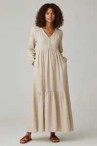 Vestido largo informal de algodón y lino para mujer, estilo bohemio, con cuello en V, manga larga, holgado y fluido, con bolsillos - Product Image 5