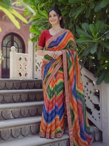 Sari de Georgette con Bordado Colorido para Mujer de NiMa Creations, Estilo Tradicional Indio, Largo hasta el Suelo, Corte Regular, Secado Rápido - Product Image 4