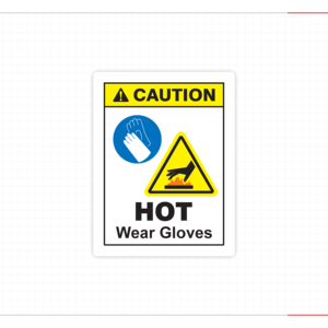 Caution Burn Hazard Stickers Yellow Warning Header Adjoining Parts Very Hot Wear Protective Gloves Blue Circle Mandatory Icons - Product Image 2