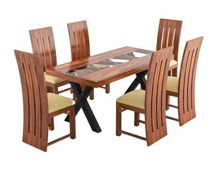 Modern Solid Wood Dining <b>Table</b> Set 6 Seater with Glass Top | Premium Sheesham Wood Dining Room Furniture | Jodhpur Handicraft - Product Image 1