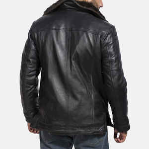 Blouson bomber pour homme en cuir véritable noir, doublé en sherpa, fermeture éclair, vêtement d'extérieur d'hiver, style motard - Product Image 6