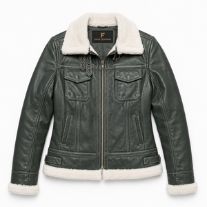 Veste de motard pour femme en cuir d'agneau vert à capuche, vintage, imperméable, pour l'hiver, avec col montant et col amovible - Product Image 6