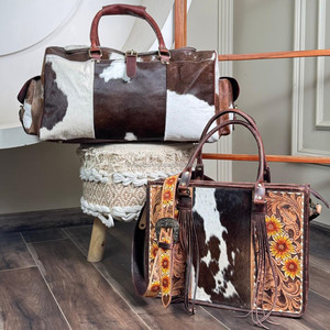 Sac fourre-tout en cuir de vachette véritable et sac fourre-tout usiné à la main avec design de tournesol floral Style occidental Voyage et sac à bandoulière Combo - Product Image 4