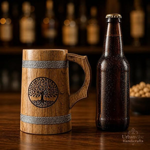 Chope en bois de haute qualité gravée, écologique, de luxe, avec poignée, pour bière et vin, fournisseur indien, export en gros, 300 mm - Product Image 2