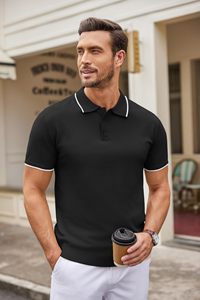 Men's <b>Black</b> Short Sleeve <b>Polo</b> <b>Shirt</b> Solid Color Knitted Cotton Casual Button Down Design - Product Image 4