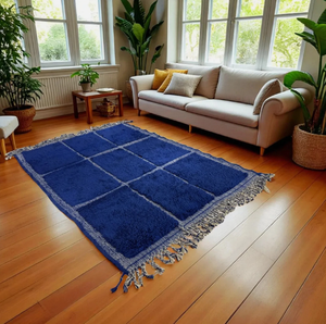 Alfombra marroquí anudada a mano, azul persa y blanca, de lana ecológica, antideslizante, de pelo medio, con diseño de pelo alto para sala de estar - Product Image 6