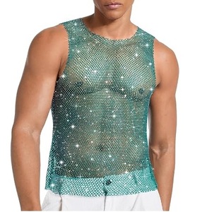 Custom Logo Men's Streetwear <b>Mesh</b> T-Shirt <b>Mesh</b> Men Boxy <b>Cropped</b> Rhinestone Jersey <b>Mesh</b> Sleeveless T shirt for Mens - Product Image 4