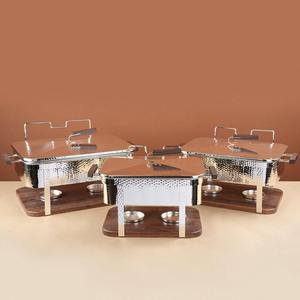 Premium Rectangular Silver Chafing Dish Hammered <b>Mirror</b> Finish Stainless Steel Buffet Warmer with Wooden Handles Single Unit - Product Image 2