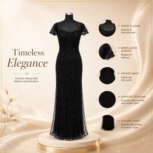 Luxury Black Beaded Evening Gown for Women Elegant Formal Maxi Dress Sheer Neck Embellished Sleeves Cocktail Party Prom Dress - Product Image 5