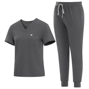 Conjunto de Uniforme Médico para Mujer, Color Gris, Top con Cuello en V y Bolsillo, Pantalones con Cordón, Uniformes de Hospital, Tejido de Punto de Algodón y Poliéster - Product Image 1