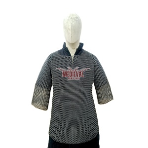 เสื้อเกราะเหล็กกล้าอ่อนยุคกลางแบบโซ่  ตอกหมุดแบน  วงแหวนขนาด 9 มม.  ตกแต่งด้วยหนัง  ทำด้วยมือ  เกราะฮอบเบิร์กอัศวิน  แฟชั่นชุบสีดำ - Product Image 1