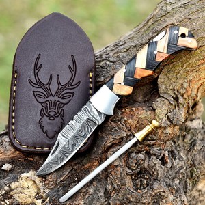 Couteau pliant en acier damas vente chaude chasse en plein air Camping couteau de poche multi manche en bois couteau de Combat personnalisable OEM - Product Image 5