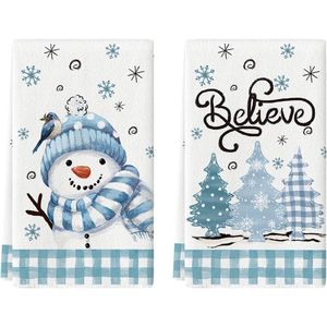 Asciugamano da Cucina Natalizio Beige e Blu con Albero di Natale e Pupazzo di Neve, 18x26 Pollici, Decorazione Invernale con Uccelli - Product Image 1