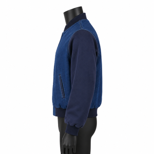Custom Men <b>Denim</b> Varsity Jacket Zip Up Bomber Fleece Sleeve Streetwear Casual Winter Outdoor Baseball Letterman <b>Coat</b> OEM - Product Image 3