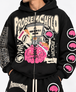Conjunto de chándal de felpa francesa personalizado para hombre, con sudadera con capucha y cremallera y pantalones de chándal, conjunto de dos piezas oversize estilo streetwear con estampado para hombre - Product Image 3