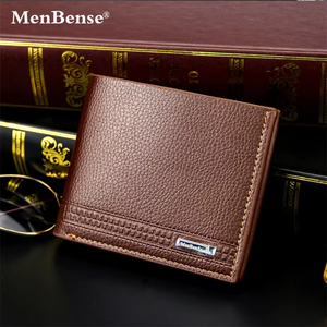 MenBense Genuine Leather Slim Card Holder <b>Men</b> Fold <b>Wallet</b> Short Minimalist Design Brown Color - Product Image 3
