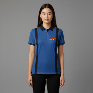 Nouveau Polo Femme Bleu et Noir à Blocs de Couleurs, Manches Courtes, Décontracté, Séchage Rapide, en Polyester Tricoté, avec Logo Imprimé par Transfert Thermique sur le Devant - Product Image 1