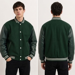 Wholesale Premium Quality Men's Green Varsity <b>Jacket</b> PU <b>Leather</b> Sleeves Chenille Patches Preppy Style Men Varsity <b>Jacket</b> - Product Image 6