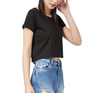 T-shirt court noir en coton pour femme, manches courtes, coupe ajustée, décontracté, mode estivale, vente en gros OEM - Product Image 4
