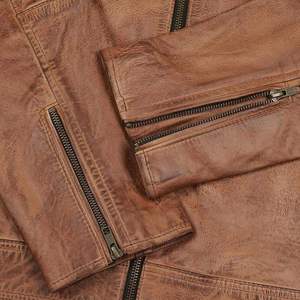 Veste moto en cuir véritable marron pour homme, col montant, fermeture éclair, couleur unie, coupe classique, style automne - Product Image 5