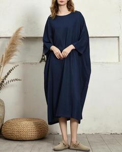 Premium Navy Blue O-NeckPlain Maxi <b>Dress</b> With 3/4 Sleeves <b>Loose</b> Boho Style 100% Linen Summer Casual <b>Dress</b> For Women - Product Image 4