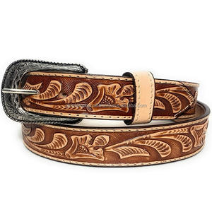 Cinturón de herramientas de cuero occidental hecho a mano en relieve con diseño de hoja Persoimnailzed con hebilla de PIN floral de plata antigua pedido al por mayor - Product Image 1