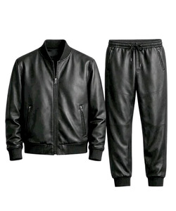 Ensemble veste bomber et pantalon en cuir PU pour homme, col montant, fermeture éclair, coupe-vent, tenue décontractée d'automne, veste en cuir PU pour homme - Product Image 1
