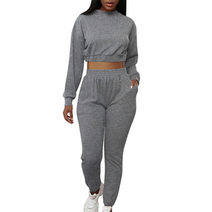 Conjunto de Sudadera Corta Gris para Mujer, Manga Larga, con Capucha, Tejida, 100% Algodón, Transpirable, Forrada, Pantalones Deportivos Casuales con Bolsillos, Ropa de Verano - Product Image 1