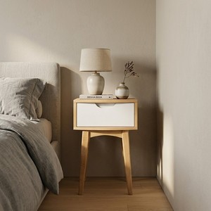 Mesita de Noche Moderna de Estilo Escandinavo Minimalista, de Madera, con 1 Cajón, Frente Blanco, Mueble para Dormitorio - Product Image 1