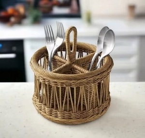 Portautensilios multifunción de bambú tejido con asa, organizador de vajilla para encimera de cocina o mesa de comedor. - Product Image 3