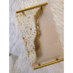 Handcrafted Round <b>Epoxy</b> Resin Serving Tray With Gold Branch Handles White Agate Geode Platter For <b>Coffee</b> <b>Table</b> Living Room Decor - Product Image 3