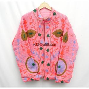 Veste en coton pour femme, multicolore, faite à la main, tricotée, brodée Suzani, col en V, motif floral, écologique, toutes saisons - Product Image 1