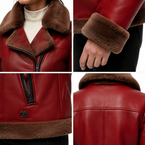 Women's Premium Eco-friendly Ultra-supple Solid Scarlet Red <b>Sheepskin</b> B-6 Pilot <b>Jacket</b> Stand Minimalist Leather Shearling Bomber - Product Image 4
