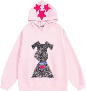 Sudadera con Capucha de Invierno para Mujer, Estilo Urbano, con Estampado de Perro Negro y Bordado de Estrellas Rosas, 100% Algodón, Logotipo Frontal - Product Image 3