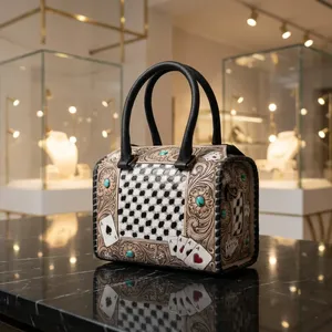 Vintage Women's <b>Handbag</b> Genuine Leather Bags Shoulder Bags Checkered Pattern Leather <b>Handbags</b> for Women - Product Image 2