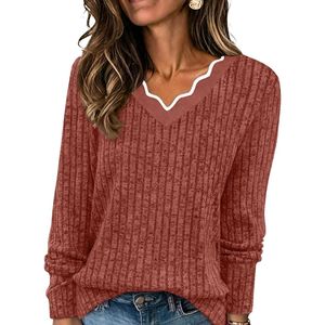 Suéteres de Mujer con Encaje Festoneado Personalizado, Color Terracota, Textura Acanalada, Cuello en V, Manga Larga, Cómodos y Suaves, Mezcla de Tejidos - Product Image 1