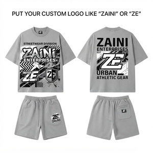 ชุดเสื้อยืดคอกลมแขนสั้นพร้อมกางเกงขาสั้น ZAINI 240 GSM พรีเมียม ผลิตจากโพลีเอสเตอร์ 100% ระบายอากาศได้ดี สีเทา สไตล์สตรีทแวร์  โลโก้ปักด้านหน้าแบบกำหนดเอง สไตล์คนเมือง - Product Image 1