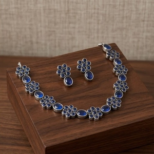 DIVYORO ELEGANT OXIDIZED <b>SILVER</b> NECKLACE DEEP BLUE CIRCULAR STONES Women's Floral Link Adjustable Length for Party Occasions - Product Image 2