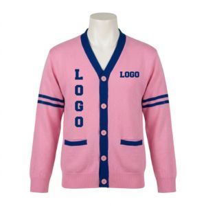 เสื้อคาร์ดิแกนไหมพรมอะคริลิคแบบถักลายสีชมพู-น้ำเงิน  แบบกำหนดเองได้  พร้อมโลโก้ปักลายกรีก  สำหรับแจ็คและจิลแห่งอเมริกา - Product Image 1