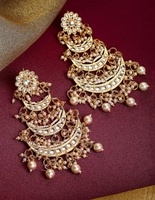 Boucles d'oreilles ethniques indiennes traditionnelles Kundan Chandbali, motif floral, plaqué or, multicouches, perles, pour mariée, mariage, style chandelier