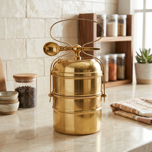 Brass <b>Tiffin</b> <b>Box</b> 2 Tier Stackable Food Carrier With Locking Handle And Spoon Luxury Metal Lunch <b>Box</b> Wholesale Manufacturer - Product Image 2