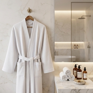 Albornoz de algodón ligero tipo kimono blanco con textura gofrada para hoteles y spas, con logotipo bordado personalizado, proveedor mayorista de lencería para spa y resort - Product Image 6