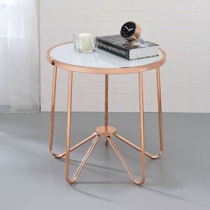 Tavolino da Caffè Rotondo con Piano in Vetro Smerigliato Bianco e Finitura Oro Rosa - Product Image 2
