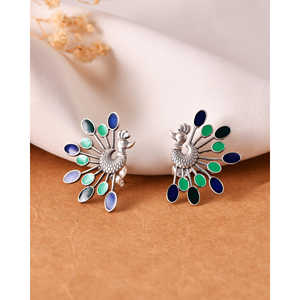 Pendientes de Botón Meera Jaipur Mayoor con Detalles de Esmalte Plateado, Origen India, Modelo MTER557 - Product Image 4