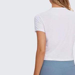 T-shirt décontracté pour femme, blanc, à manches courtes, col rond, couleur unie, tissu jersey respirant, coupe classique, printemps-été - Product Image 4