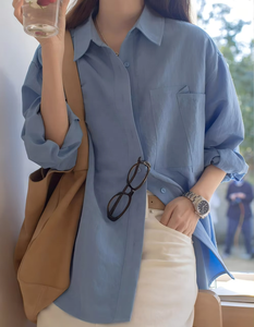 Chemise ample vintage d'été pour femme à manches longues et col à revers avec poche plaquée en tissu tricoté respirant - Product Image 5