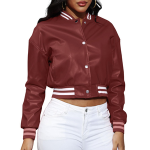 <b>Pink</b> PU Leather Varsity <b>Jacket</b> Women's Short Cropped Full Sleeve Turn-down Collar Solid Color Contrast Trim Autumn Wear - Product Image 6
