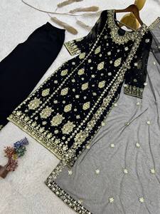 Black Embroidered Indian Pakistani Set Long <b>Top</b> Palazzo Dupatta <b>Net</b> Party Outfit for Wedding Banquet - Product Image 5