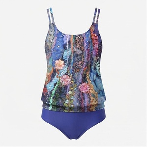 Traje de Baño Tankini con Estampado Floral y Cuello Halter para Mujer, Falda de Cintura Alta con Volantes, Conjunto de 2 Piezas Elástico para Playa - Product Image 1